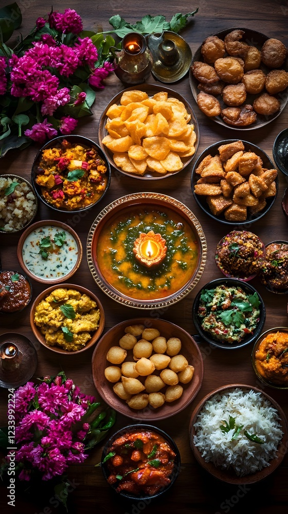 Fototapeta premium Authentic Indian Festive Food Platter Delicious Dishes Sweets Overhead View