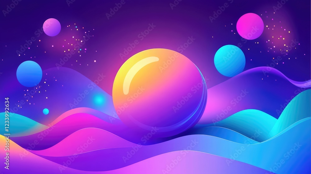 Obraz premium Glowing neon sphere surrounded by floating geometric shapes and digital light waves in an abstract futuristic background with copy space.