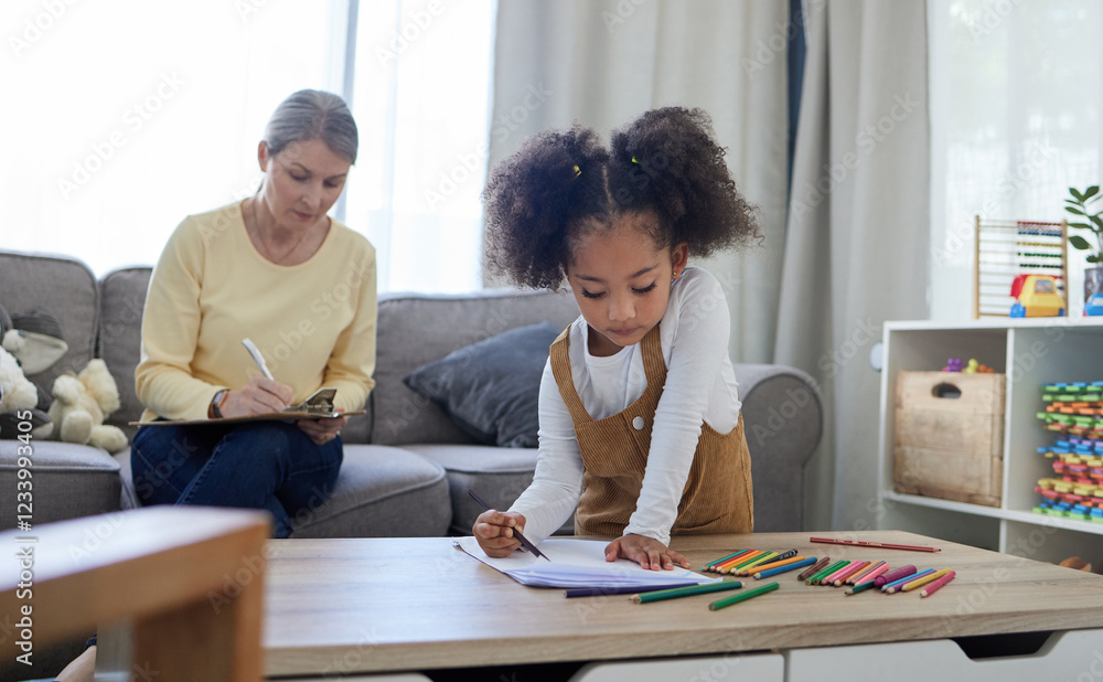 Therapist, clipboard and child with drawing for education, learning behavior and assessment for adhd. Notes, mature psychologist and girl with crayons for autism, creative activity and observation Therapist, clipboard and child with drawing for education, learning behavior and assessment for adhd. Notes, mature psychologist and girl with crayons for autism, creative activity and observation