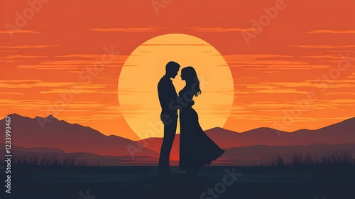 Romantic Silhouette of a Couple Against a Vibrant Sunset Landscape