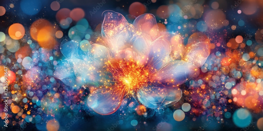 Bokeh Flower Glow, Abstract Background. Glowing Shine Flower with Sparkles. Vector Art. Bokeh Flower Glow, Abstract Background. Glowing Shine Flower with Sparkles. Vector Art.