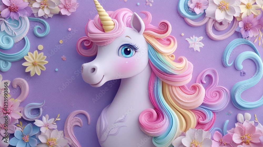 Fototapeta premium Enchanted Unicorn in a Floral Dreamland: A Whimsical 3D Render