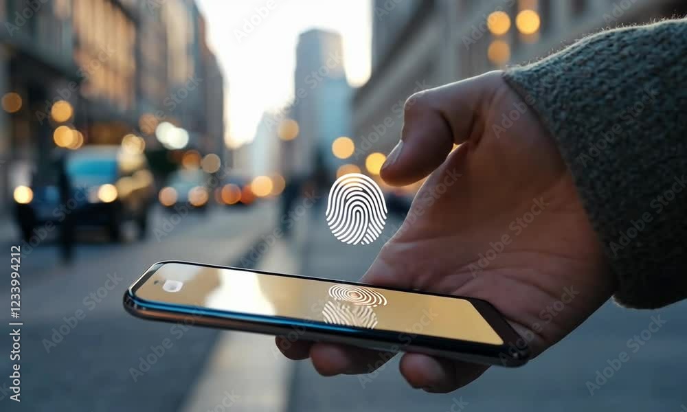 A person using a smartphone with a fingerprint scanner on a busy urban street during sunset