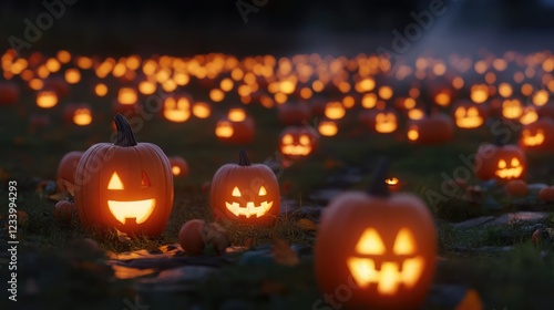 Halloween pumpkin patch at night with fog creeping in, dim lanterns casting shadows, and glowing jack-o'-lanterns scattered across the field. Copy space. photo