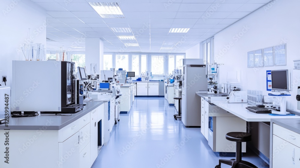 A hospital lab with equipment on sterile countertops, no people, and clear space for medical content or laboratory services. A hospital lab with equipment on sterile countertops, no people, and clear space for medical content or laboratory services.