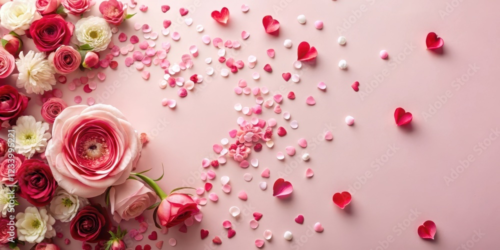 Soft pink and red floral background with scattered heart-shaped confetti on a white or light-colored surface Soft pink and red floral background with scattered heart-shaped confetti on a white or light-colored surface