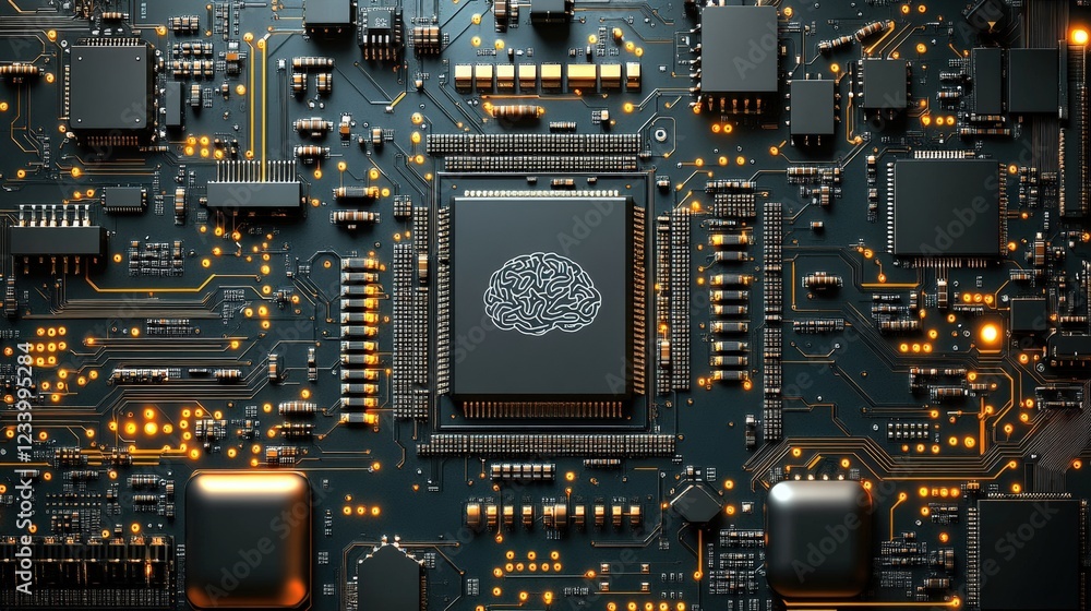 Fototapeta premium Circuit board design featuring brain illustration in technology and science concept