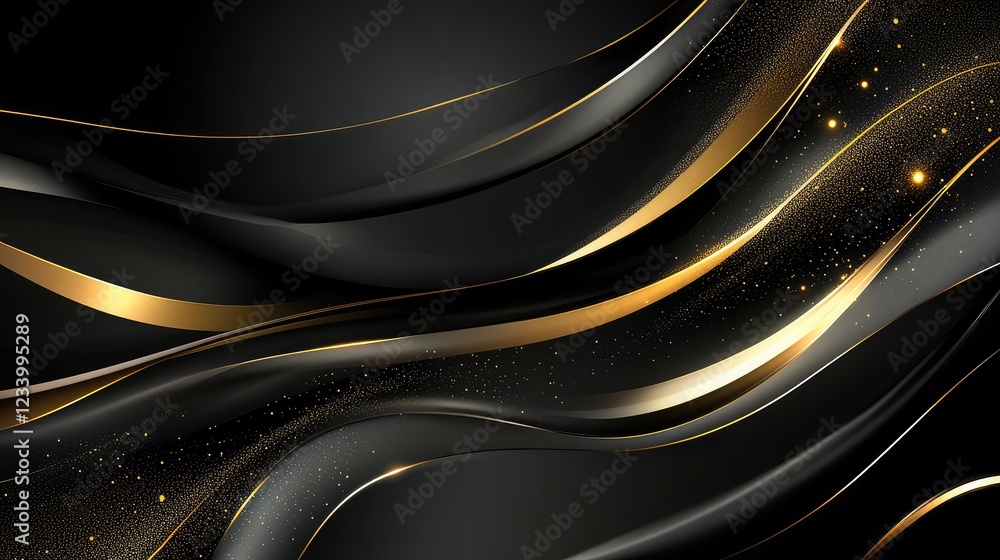 Obraz premium Luxury dark abstract background with golden shimmering light particles and soft glowing curves, ideal for elegant compositions with copy space.