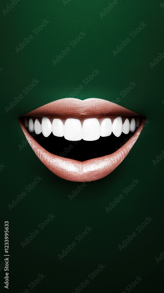 Naklejka premium A smiling mouth with bright teeth against a green background, creating a cheerful and vibrant impression.