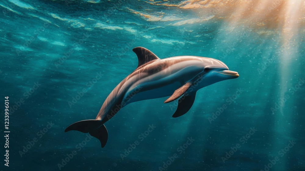 Naklejka premium Dolphin Swimming Freely in Protected Marine Environment Underwater