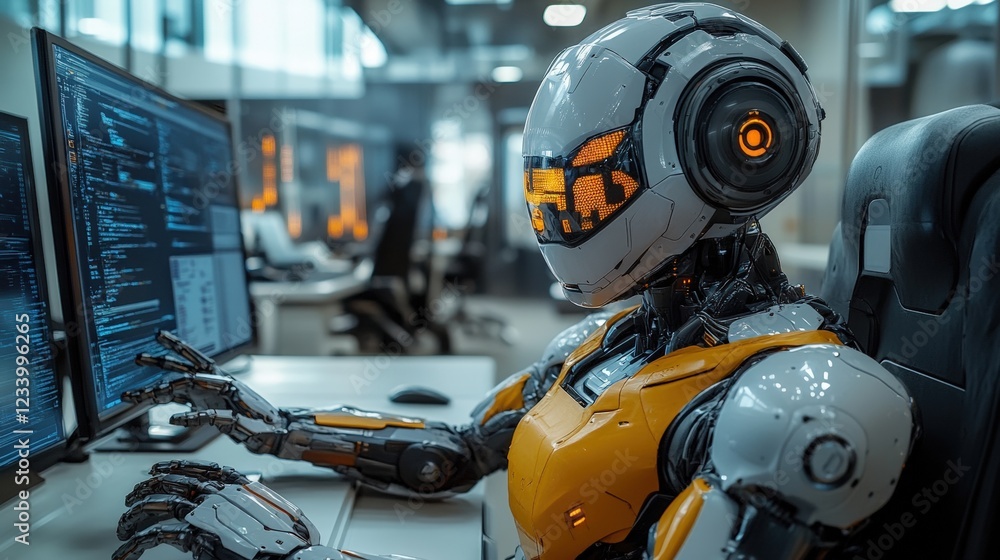 Fototapeta premium Robot sitting at a desk working on a computer in an office environment with modern design elements