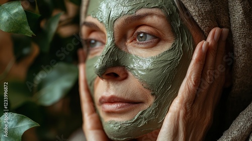 Serene Woman with a Natural Clay Mask Amidst Lush Greenery