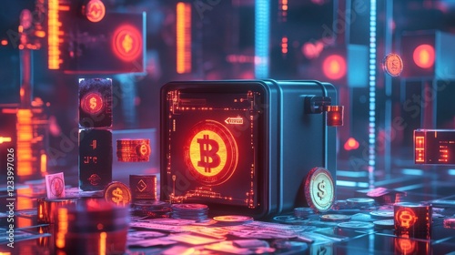 A futuristic digital wallet displays Bitcoin amid glowing cryptocurrency symbols in a high-tech environment. photo