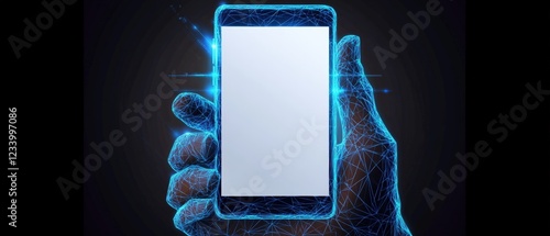 Hand holding a smartphone with a blank white screen in a neutral background setting photo