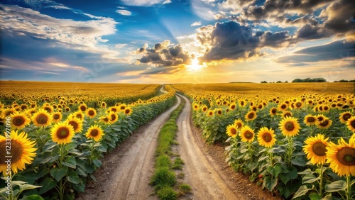 Fototapeta Naklejka Na Ścianę i Meble -  A winding dirt road meanders through a sea of bright yellow sunflowers in full bloom