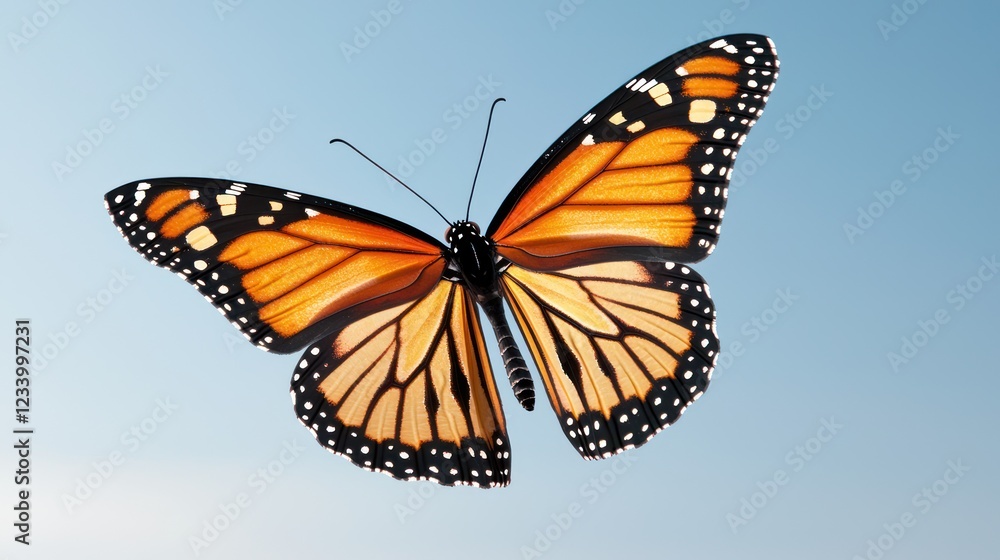 Fototapeta premium A vibrant monarch butterfly gracefully flutters against a clear blue sky, showcasing its striking orange and black wings.