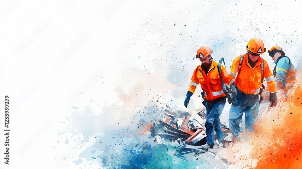 Naklejka premium Rescue Workers Navigating Debris in Soft Watercolor Style