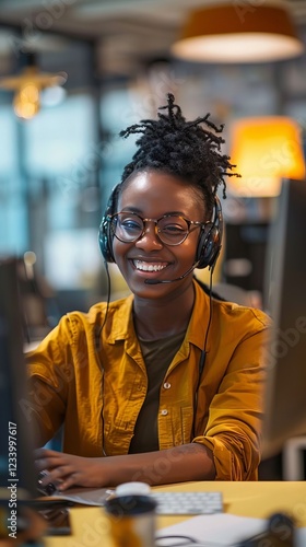 Happy Black Female Customer Service Agent Wearing Headset and Glasses Working on Computer