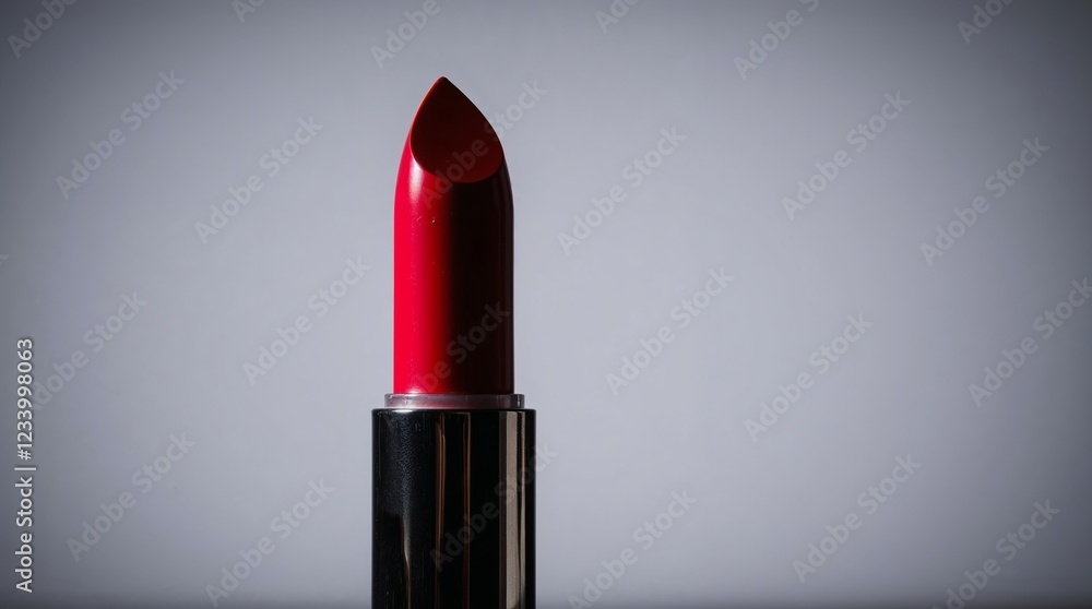 Close-up of a vibrant red lipstick in a sleek black tube against a neutral background Close-up of a vibrant red lipstick in a sleek black tube against a neutral background