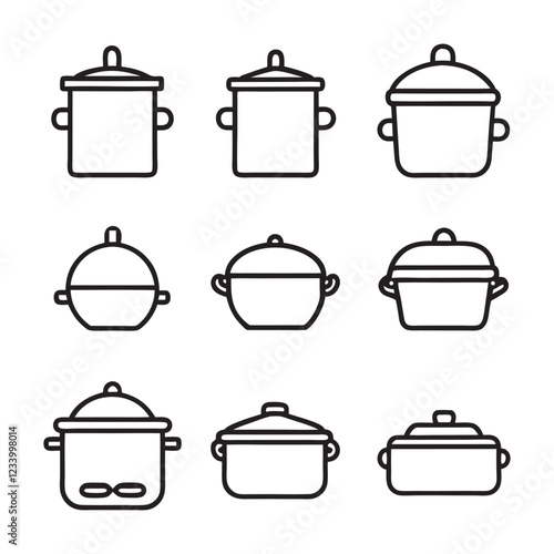 Set of cooking pot line art vector icon illustration, rice cooker, cooker, multicooker on white background.