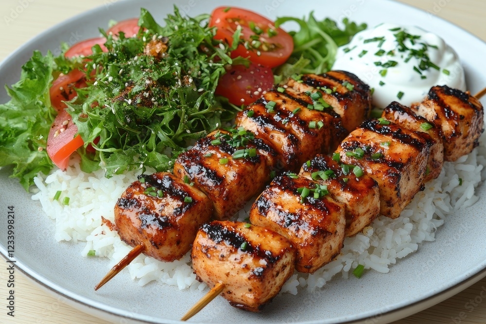Grilled Chicken Skewers with Rice & Salad Grilled Chicken Skewers with Rice & Salad