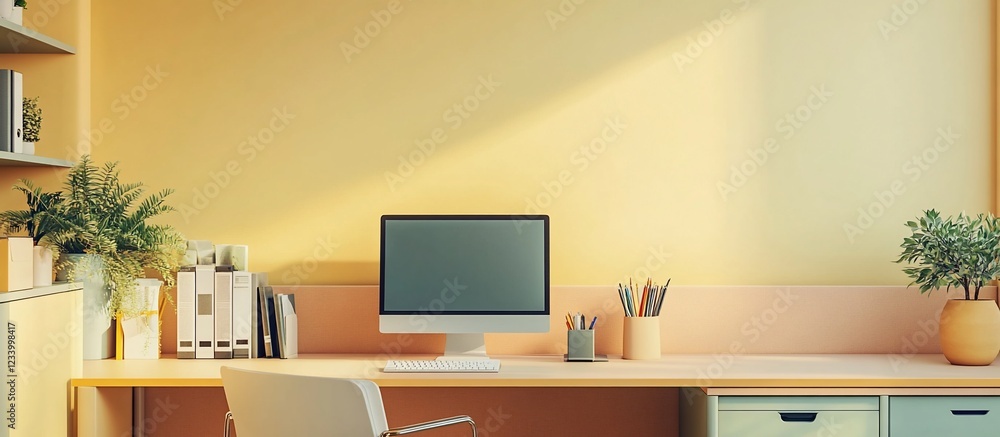 Modern home office setup with a computer, plants, and warm lighting in a cozy environment Modern home office setup with a computer, plants, and warm lighting in a cozy environment
