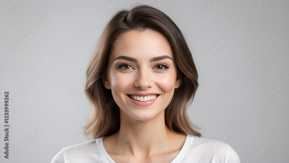 Vibrant Woman Smiling Broadly in White T-Shirt Against Neutral Gray Background with Warm Expression Vibrant Woman Smiling Broadly in White T-Shirt Against Neutral Gray Background with Warm Expression