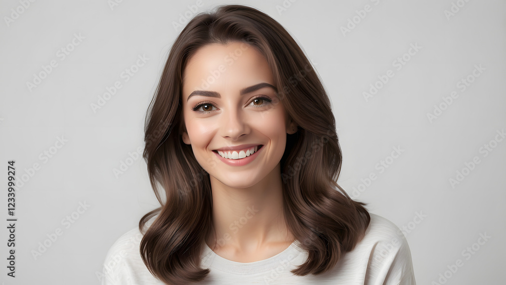 Professional Woman Portrait with Soft Waves and Warm, Approachable Smile in Neutral Light Professional Woman Portrait with Soft Waves and Warm, Approachable Smile in Neutral Light