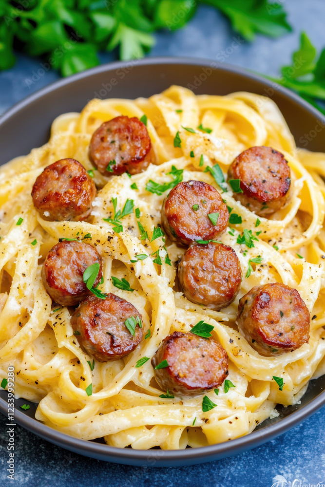 Fototapeta premium Creamy italian sausage and fettuccine alfredo pasta sprinkled with parsley