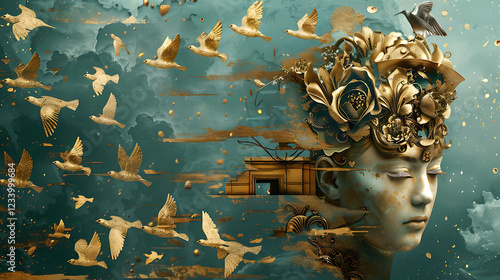 Digital illustration of a sculpture of a girl's head in flowers surrounded by birds against a night sky background