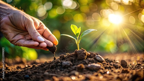 Wallpaper Mural Close-up of hand planting a small seedling into the soil, symbolizing growth, nurturing, and the beginning of new life in a garden or farm setting. Torontodigital.ca
