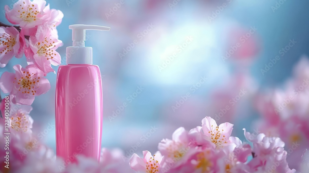 Elegant pink bottle with liquid on background of delicate pink flowers, visual symphony of beauty and fragrance Elegant pink bottle with liquid on background of delicate pink flowers, visual symphony of beauty and fragrance