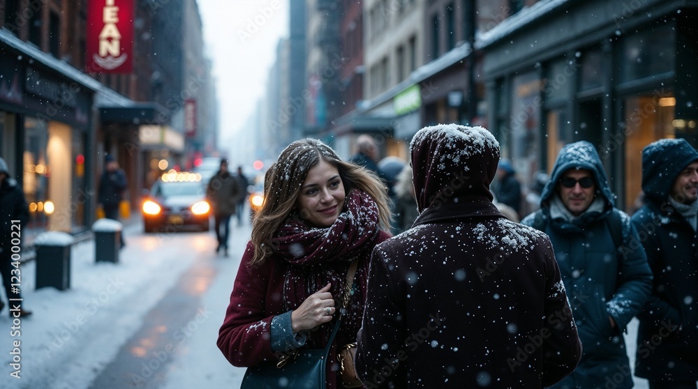 Obraz premium Smiling woman chatting with a man in snowy city street filled with people during winter