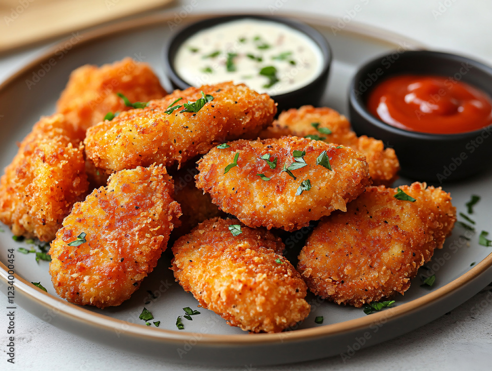plate of golden-brown, breadcrumb-coated chicken nuggets with three dipping sauces: ketchup, mustard, and barbeque sauce. The plate is sprinkled with fresh parsley. plate of golden-brown, breadcrumb-coated chicken nuggets with three dipping sauces: ketchup, mustard, and barbeque sauce. The plate is sprinkled with fresh parsley.