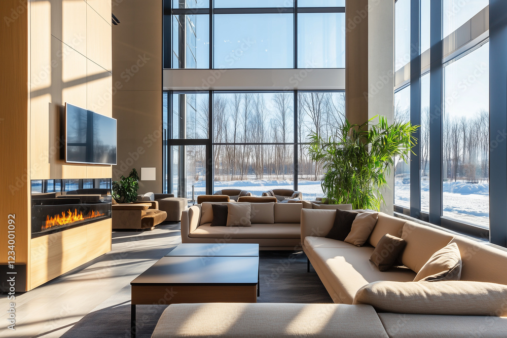 Bright Interior with Large Panoramic Windows and a Cozy Fireplace