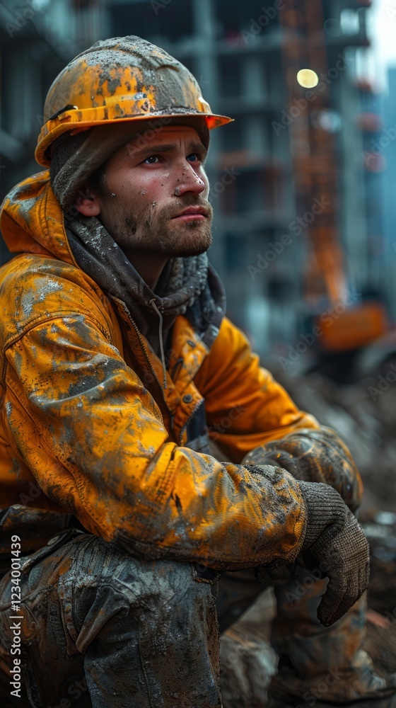 Mud covered Construction Worker Resting Hard Hat Yellow Jacket Construction Site Mud covered Construction Worker Resting Hard Hat Yellow Jacket Construction Site