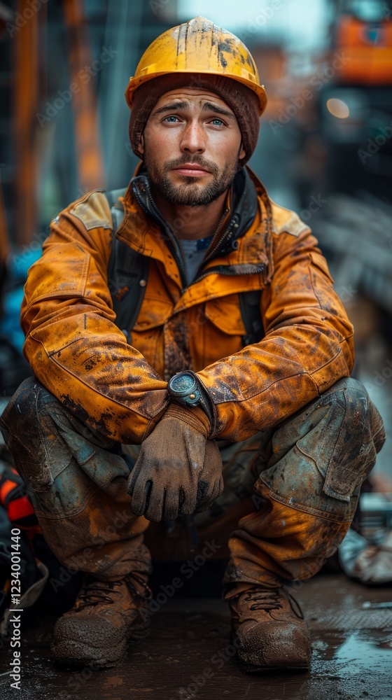 Pensive Construction Worker in Dirty Work Clothes Hard Hat and Gloves Resting Outdoors Pensive Construction Worker in Dirty Work Clothes Hard Hat and Gloves Resting Outdoors