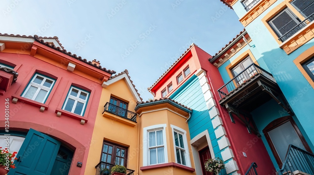 Fototapeta premium Colorful buildings in a vibrant urban setting under a clear blue sky