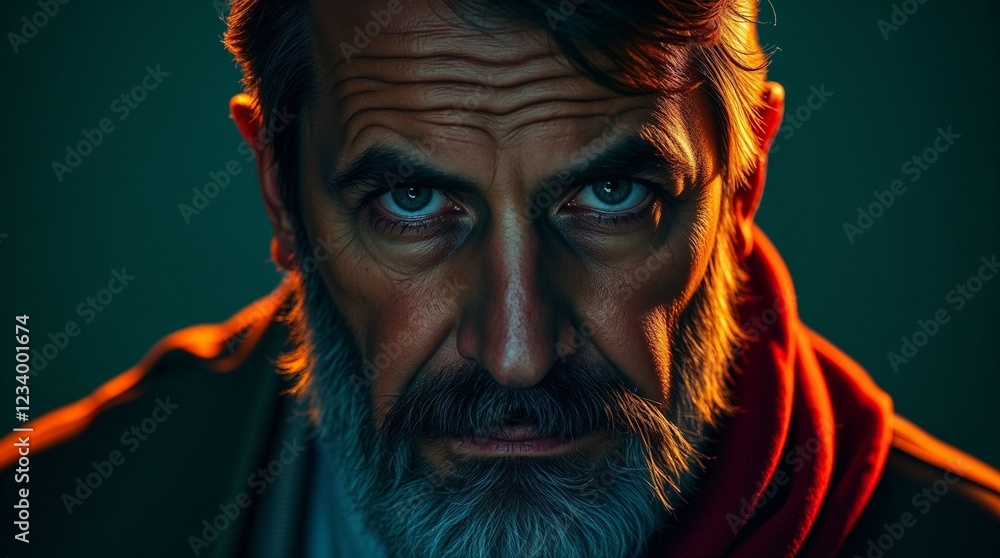 Fototapeta premium Intense portrait of an older man with a beard and deep expression, highlighted by dramatic lighting 