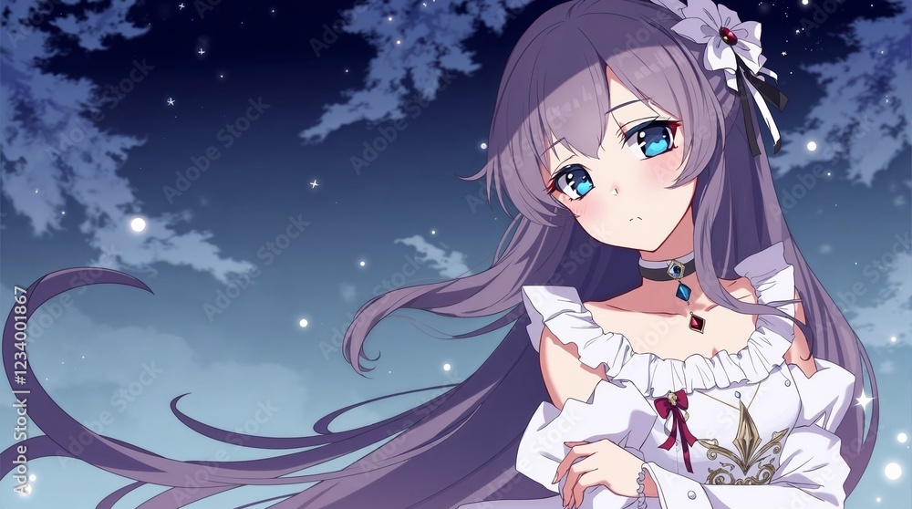 Anime-style illustration of a girl with long hair and blue eyes, set against a starry night sky Anime-style illustration of a girl with long hair and blue eyes, set against a starry night sky