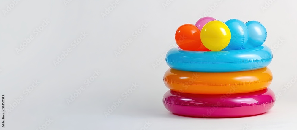 Stacked colorful inflatable pool rings with toy balls on top. Stacked colorful inflatable pool rings with toy balls on top.