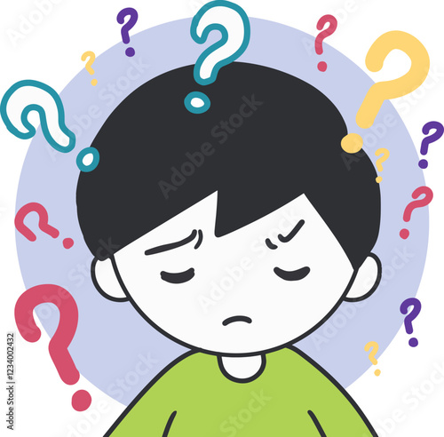 Uncertain Times Boy Cartoon Character Thinking Art. Suitable for use in materials that address problem-solving, decision-making processes, or any context requiring critical thinking.