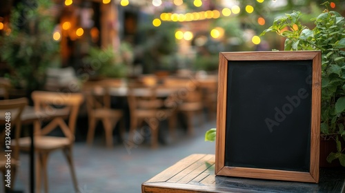 Blank menu board at outdoor cafe with blurry light and tables; advertising use photo