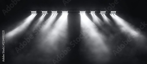 Stadium lights shining through the smoke on a dark background.