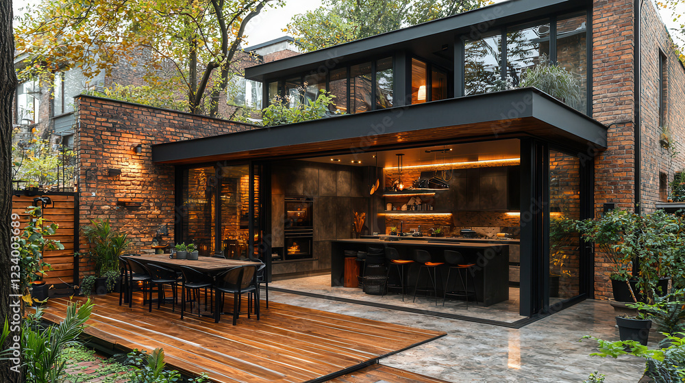 Modern Brick House with Outdoor Kitchen: A contemporary home design featuring a striking blend of brick and black framing. Modern Brick House with Outdoor Kitchen: A contemporary home design featuring a striking blend of brick and black framing.