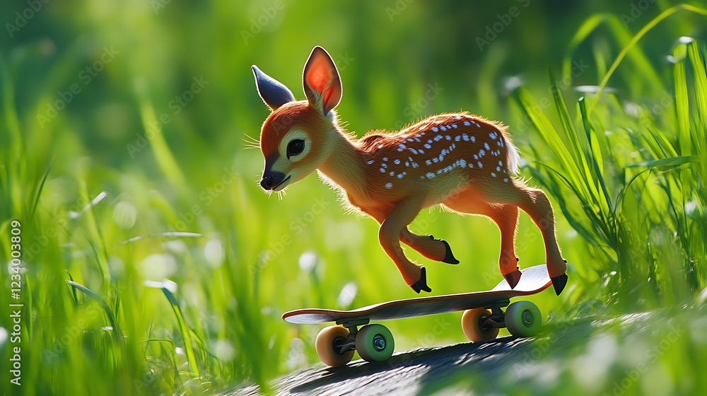 Fototapeta premium A deer fawn gliding smoothly on a skateboard, surrounded by tall green grass.