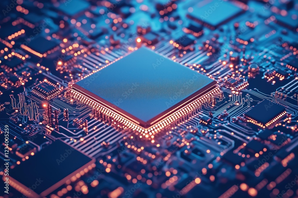 Futuristic Microchip on a Glowing Circuit Board with Neon Lights Futuristic Microchip on a Glowing Circuit Board with Neon Lights