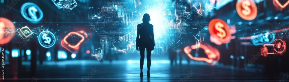 A silhouette stands in a futuristic digital landscape, surrounded by luminous icons representing technology and finance. A silhouette stands in a futuristic digital landscape, surrounded by luminous icons representing technology and finance.