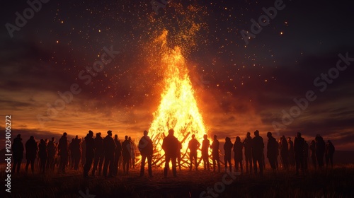 People Gathered Around a Large Bonfire on Walpurgis Night photo