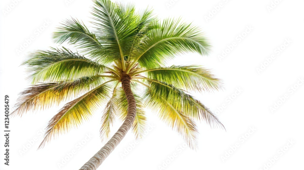 Naklejka premium Tropical palm tree against white sky; summer vacation